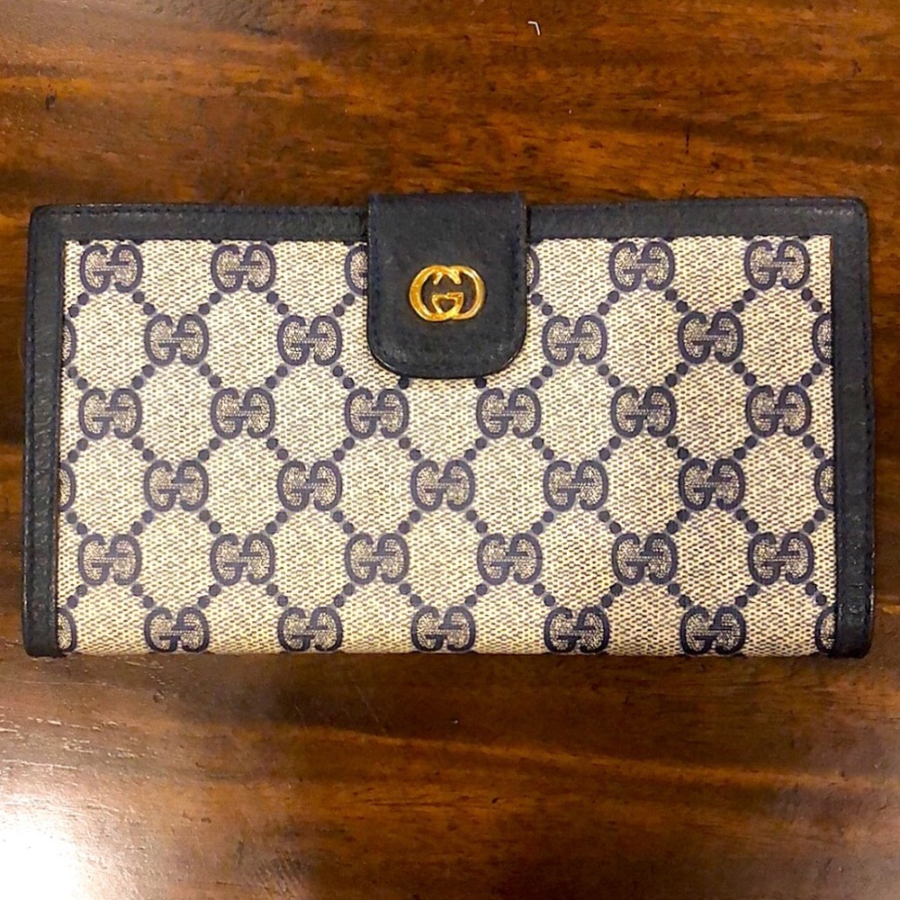 GUCCI GG Monogram Navy Blue Leather and Coated Canvas Long Bifold Wallet Vintage